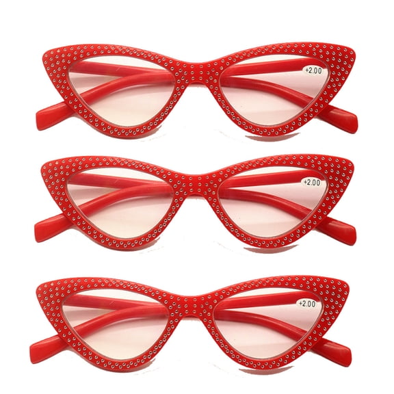 3 Pairs of Women Red Cat Eye Reading Glasses Diamond Presbyopic Glasses Plastic Readers +3.50
