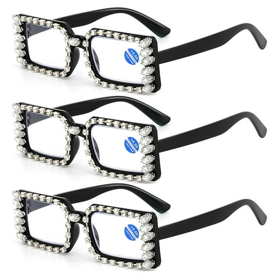 3 Pairs of Women Silver Rhinestone Black Reading Glasses 1.00 Ladies Square Anti-Blue Light Readers +1.00 strength