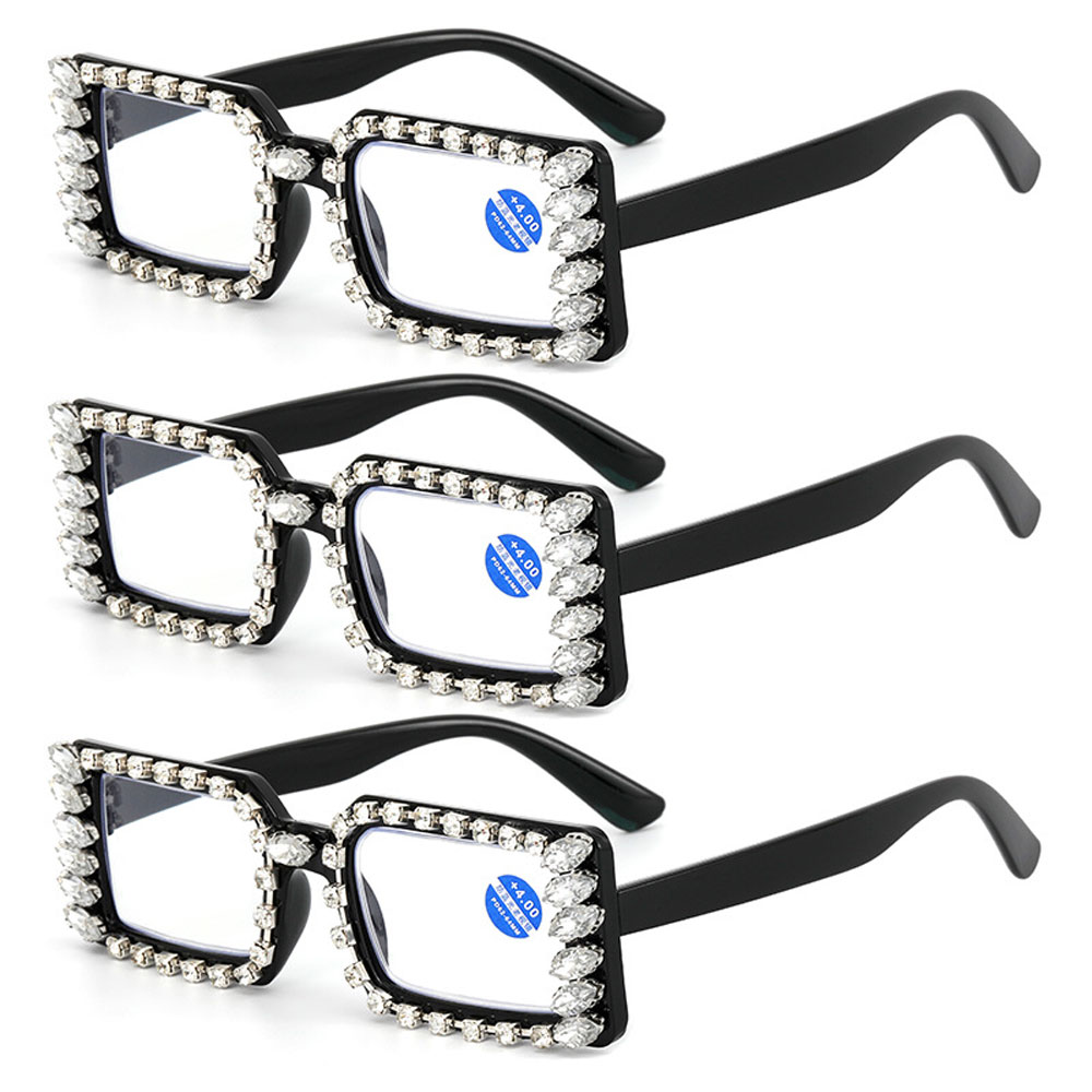 3 Pairs of Women Silver Rhinestone Black Reading Glasses 3.00 Ladies Square Anti-Blue Light Readers +3.00 strength