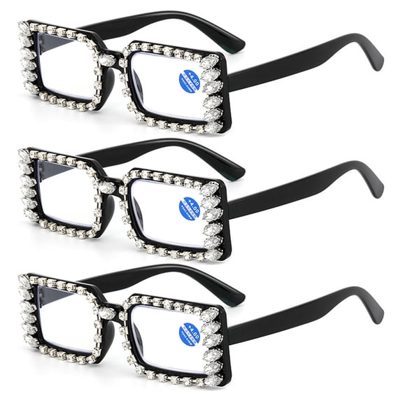 3 Pairs of Women Silver Rhinestone Black Reading Glasses 3.00 Ladies Square Anti-Blue Light Readers +3.00 strength