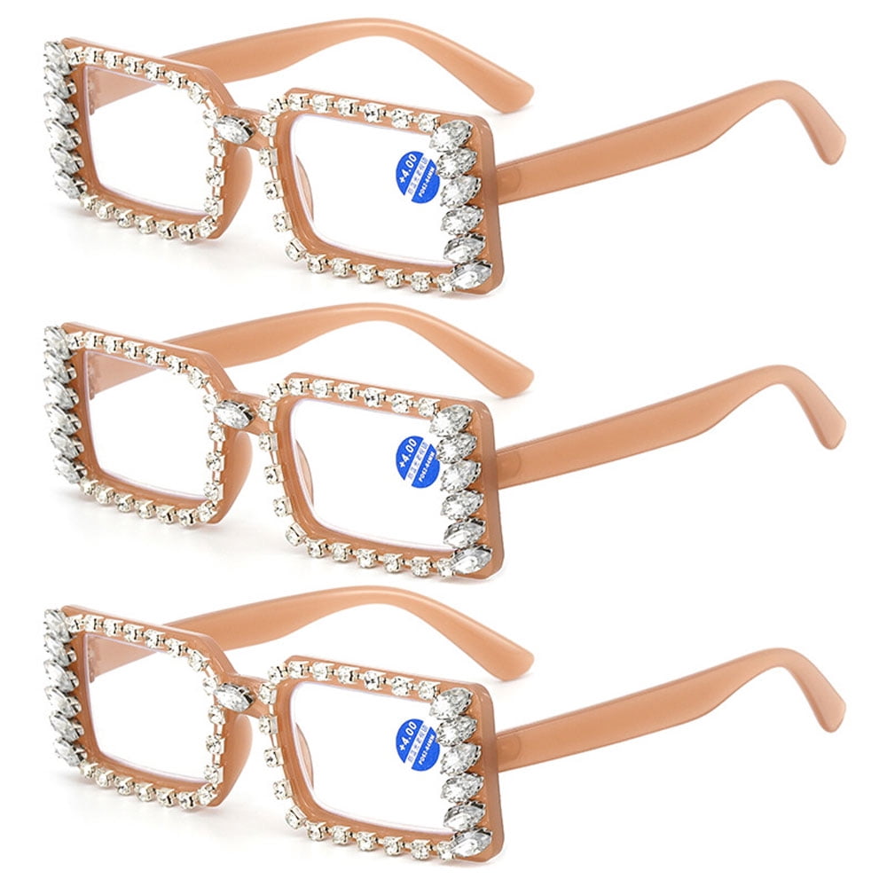 3 Pairs of Women Silver Rhinestone Brown Reading Glasses 1.00 Ladies Square Anti-Blue Light Readers +1.00 strength