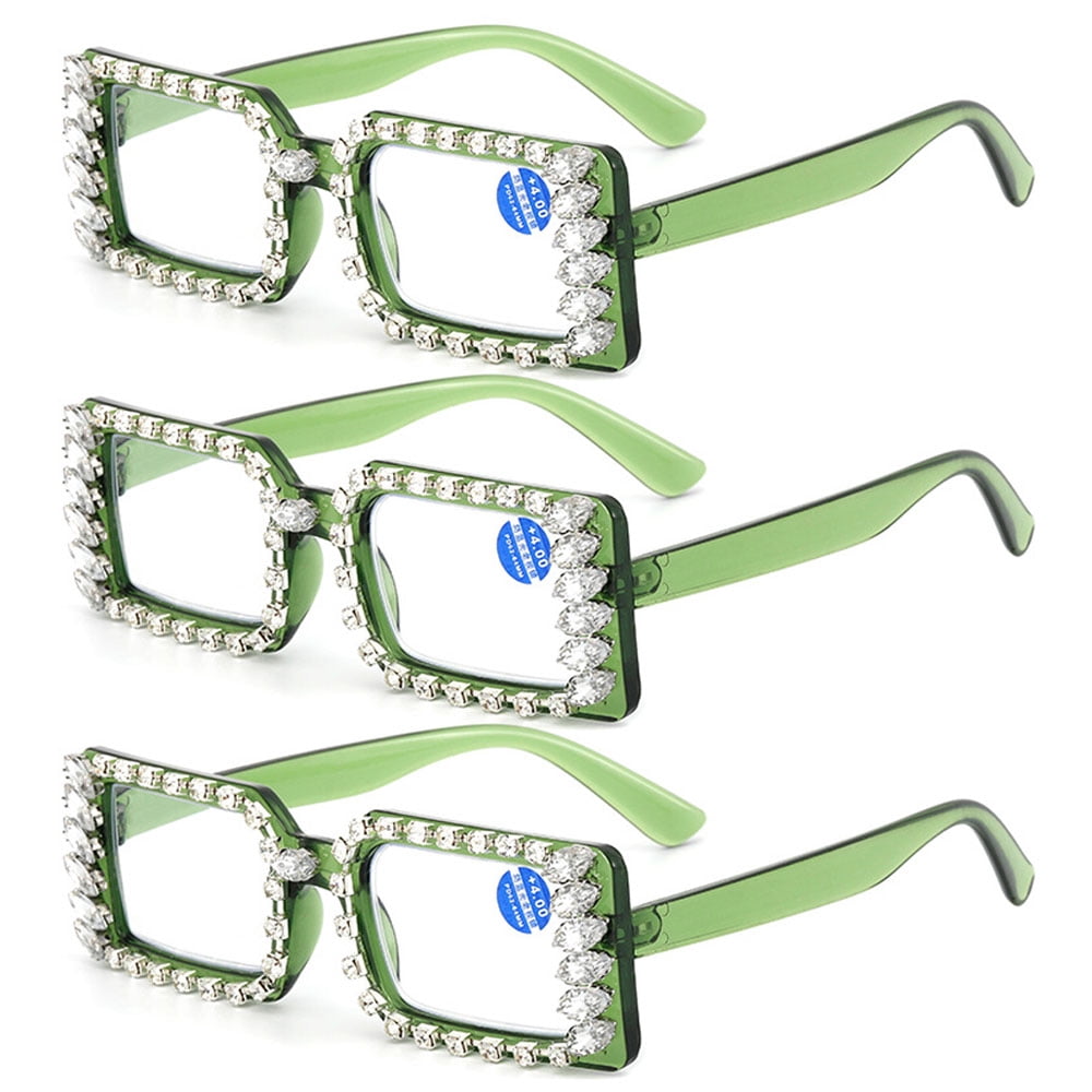3 Pairs of Women Silver Rhinestone Green Reading Glasses 1.50 Ladies Square Anti-Blue Light Readers +1.50 strength