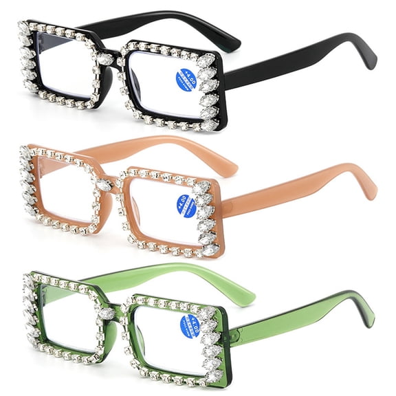 3 Pairs of Women Silver Rhinestone Reading Glasses 3.00 Ladies Square Anti-Blue Light Readers +3.00 strength