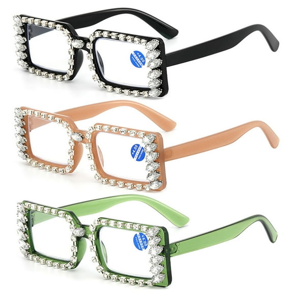 3 Pairs of Women Silver Rhinestone Reading Glasses 4.00 Ladies Square Anti-Blue Light Readers +4.00 strength
