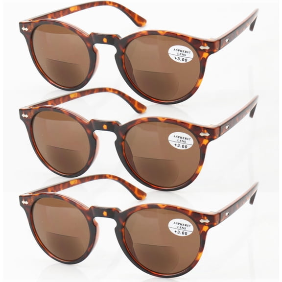 3 Pairs of Women Tortoiseshell Tinted Gray Bifocal Reading Glasses 1.00 Men Classic Round Readers Trendy Sunglasses +1.00 Strength