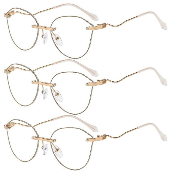 3 Pairs of Women Ultralight Anti-blue Reading Glasses, Ladies Glitter Gold Butterfly Rimless Readers Eyeglasses Frame