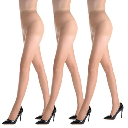 3 Pairs of Women's 20D Sheer Black Tights, Soft Stockings with Control Top Pantyhose