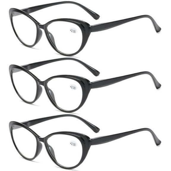 3 Pairs of Women's Black Cat Eye Reading Glasses 1.50 Spring Hinge Plastic Lightweight Readers +1.50