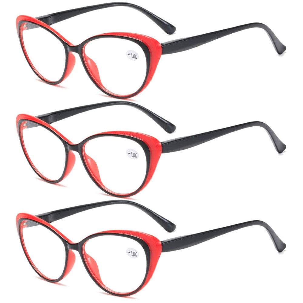 3 Pairs of Women's Black and Red Cat Eye Reading Glasses 4.00 Spring Hinge Plastic Lightweight Readers +4.00