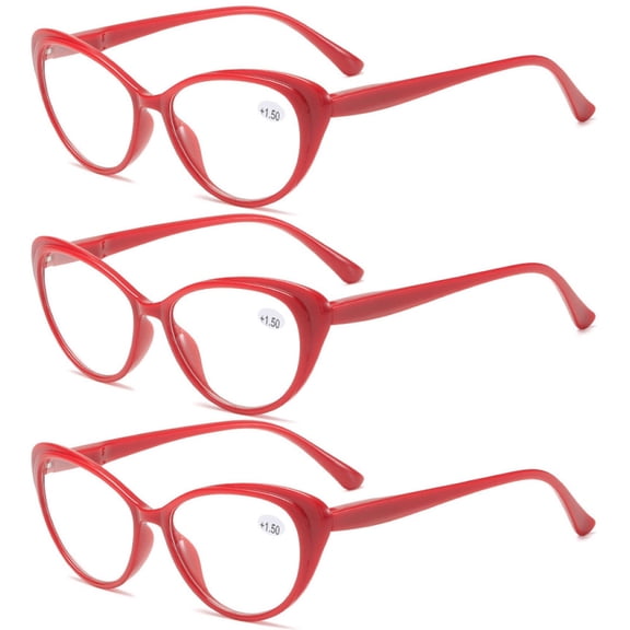 3 Pairs of Women's Red Cat Eye Reading Glasses 1.50 Spring Hinge Plastic Lightweight Readers +1.50