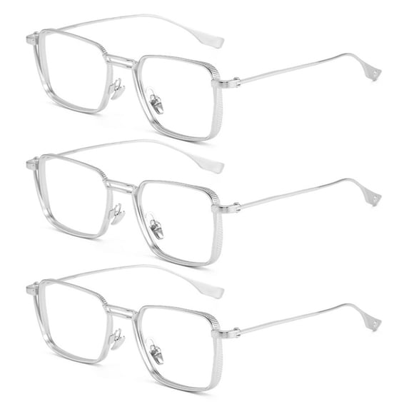 3 Pairs of Womens Fashion Blue Light Blocking Oversized Reading Glasses 3.0, Metal Silver Square Spring Hinge Readers +3.00
