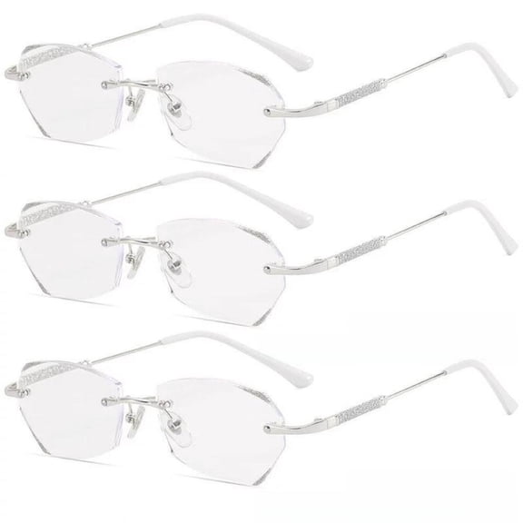 3 Pairs of Womens Fashion Blue Light Blocking Rimless Reading Glasses 3.5, Metal Silver Readers +3.50