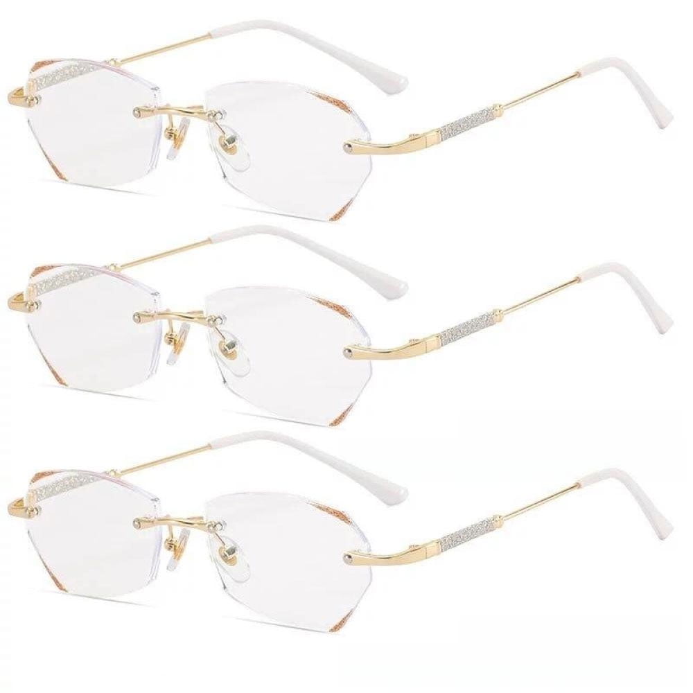 3 Pairs of Womens Fashion Blue Light Blocking Rimless Reading Glasses 4.0, Metal Gold Readers +4.00