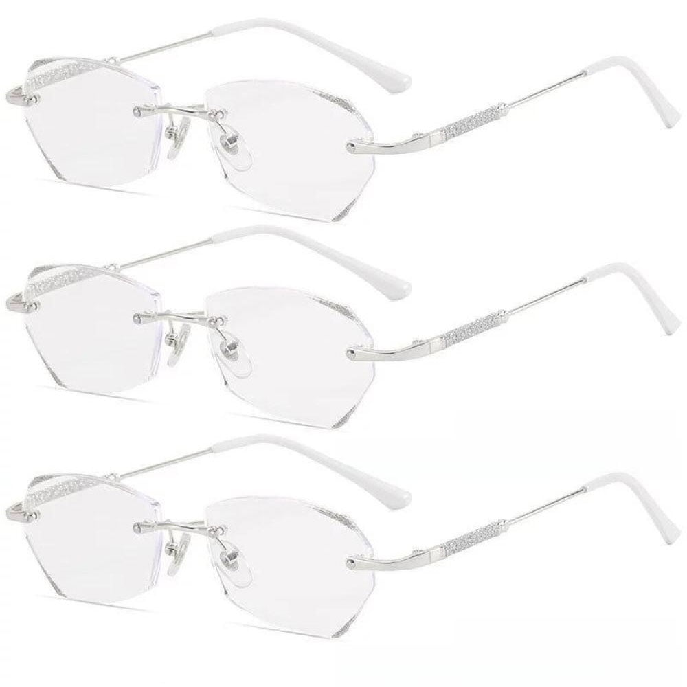 3 Pairs of Womens Fashion Blue Light Blocking Rimless Reading Glasses 4.0, Metal Silver Readers +4.00