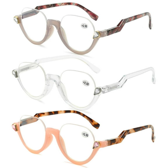 3 Pairs of Womens Half Moon Spring Hinge Reading Glasses 1.5 Fashion Diamond Readers +1.5