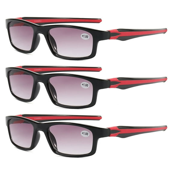 3 Pairs of Mens Rectangle Sunglasses Reading Glasses 1.00, Red Sport Gradient Gray Lens Readers +1.00 Strength