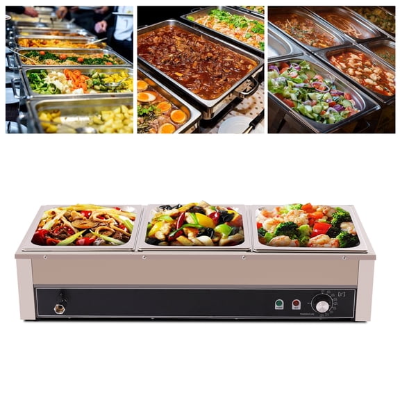 3-Pan Commercial Countertop Steam Table Catering Food Warmer, 1500W Electric Steam Warmer, Restaurants Professional Stainless Steel Buffet Bain Marie