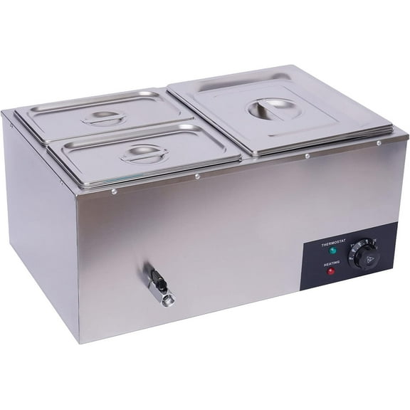 3-Pan Commercial Steam Table, Electric Bain Marie Food Warmer 600W Stainless Steel Countertop Buffet Food Warmer Container 21.6Qt with Lid and Tap for Catering, Restaurant, Buffets