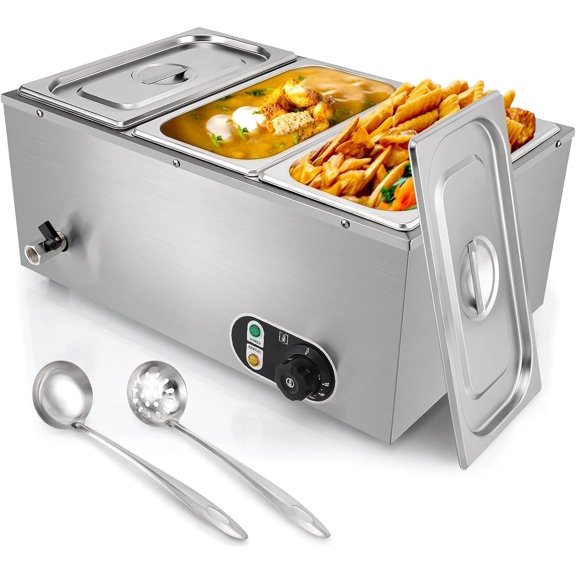 3-Pan Commercial Warmer - 1500W Electric Stainless Steel Warmer, 6.9 QT Steam Table Pan with 86-185?F Temp Control for Catering, Restaurants, Buffets (21 QT Capacity)