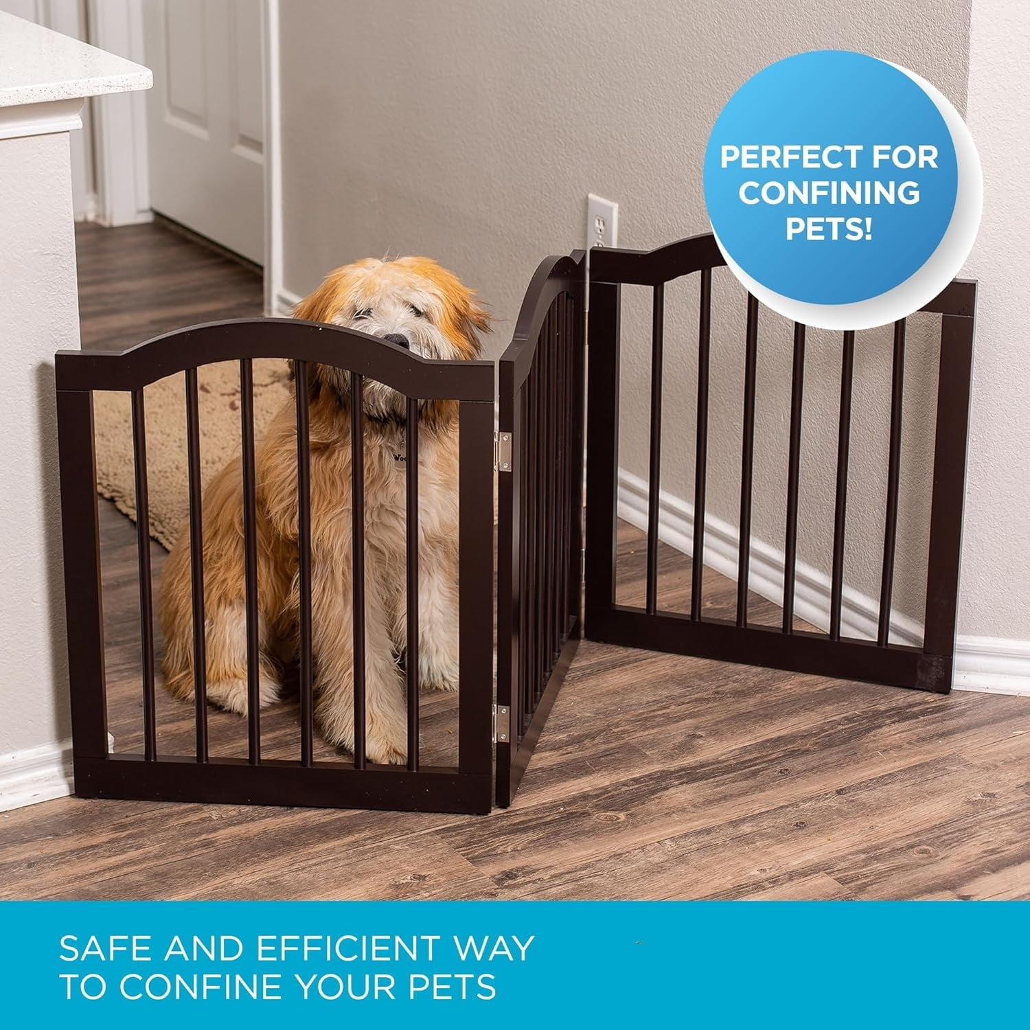 3 Panel, 24" H Wooden Pet Barrier for Dogs or Cats | Freestanding Folding Room Divider for Doorways, Hallways, Stairs, and Porch | Portable, Extra Wide | Espresso