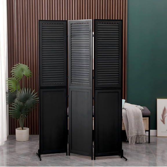 3 Panels 5.9 FT Wooden Room Dividers Black Folable Privacy Screen Louver Room Separation Indoor Freestanding Wall Partition Screen