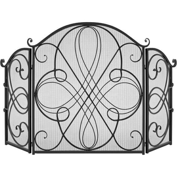 3-Panel 55x33in Solid Wrought Iron See-Through Metal Fireplace Screen, Spark Guard Safety Protector w/Decorative Scroll - Black