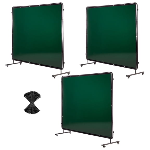 3-Panel 6 x 8 FT Foldable Welding Safety Screen with Frame, Flame Retardant Vinyl Curtain, 6-Grade UV Protection, 12 Lockable Swivel Wheels, Industrial Workshop Barrier, Dark Green