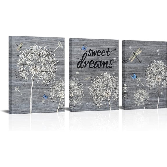 3 Panel Abstract Dandelion with Butterfly Dragonfly with Sweet Dreams Painting Giclee Canvas Prints Rustic Grey Background Picture for Living Room Bedroom Bathroom Decoration