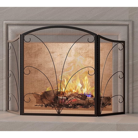 3-Panel Arched Fireplace Screen Decorative, Handcrafted Scroll Wrought Iron Fireplace Spark Guard Cover - Black