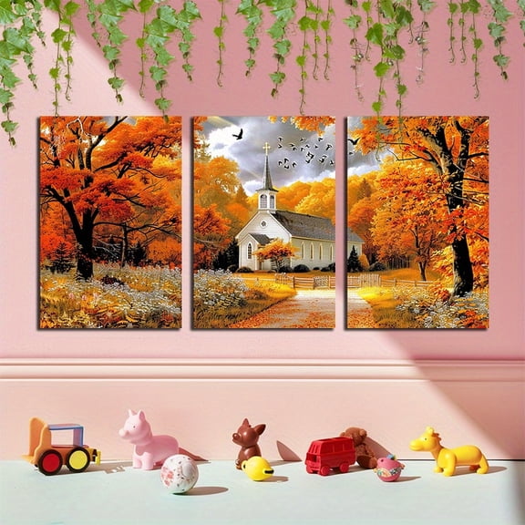 3-Panel Autumn Church Landscape Triptych Wall Art - Frameless Wrapped Canvas Mural Set, Cartoon-Style Fall Foliage Painting with White Church & Red/Yellow Leaves, Easy-Hang Hook System for Living Ro