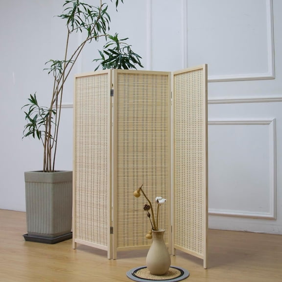 3 Panel Bamboo Room Divider Screen, Beige Freestanding Partition, Small Space Divider for Room Separation, 3.95 FT Tall Privacy Screen  -