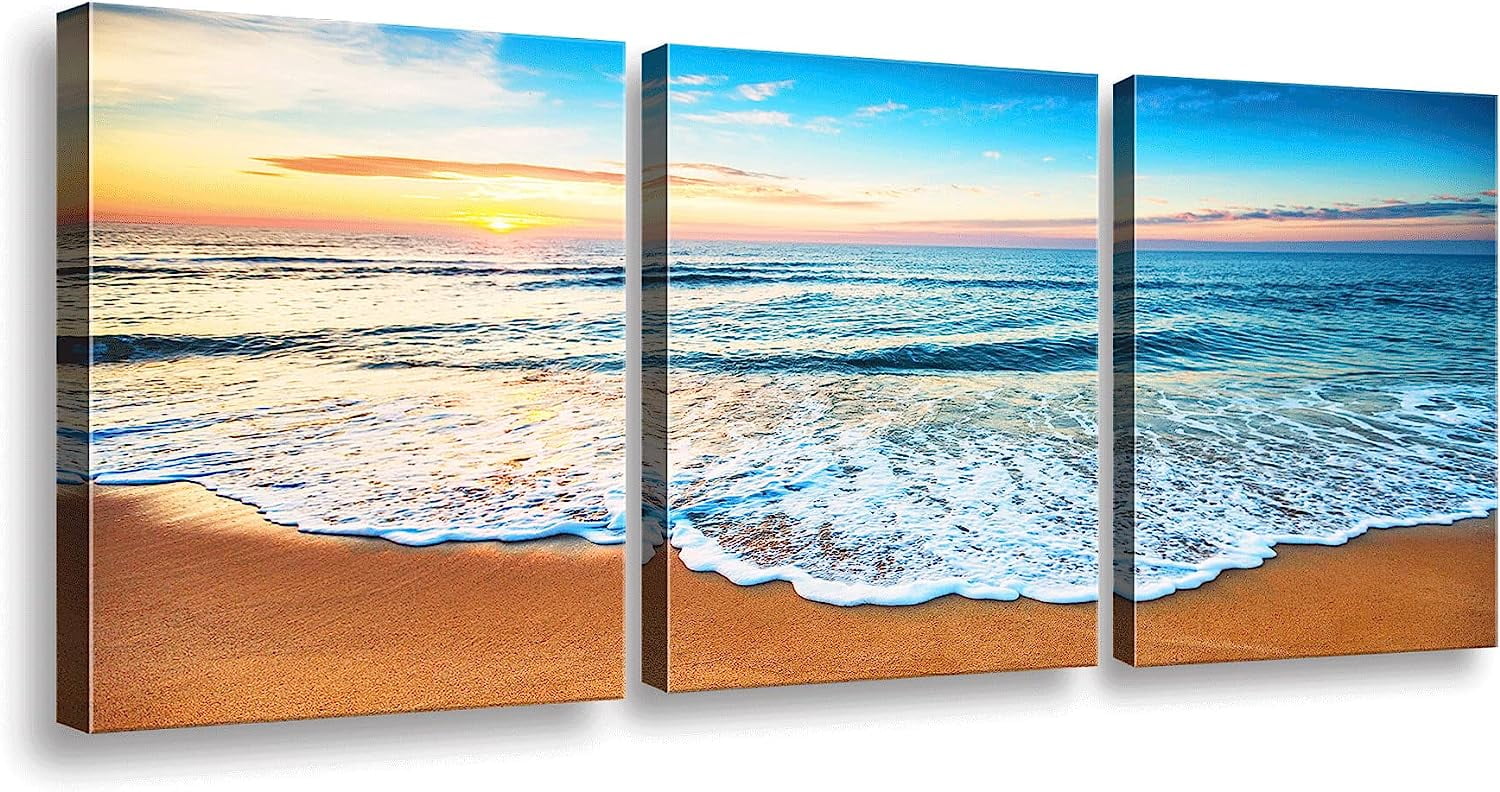 3 Panel Beach Canvas Wall Art for Home Decor Blue Sea Sunset Seascape