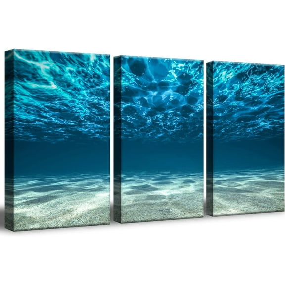 3 Panel Blue Ocean Sea Canvas Wall Art for Living Room,Seaview Bottom Pictures Painting Artwork Wall Decor - Home Office Decor Each 12x16 inch.