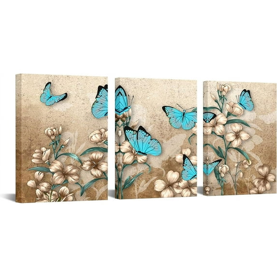 3 Panel Canvas Print Blue Butterfly Wall Art Brown Flower Painting on Canvas Vintage Artwork Floral Picture for Home Living Room Bedroom Bathroom Wall Decor Ready to Hang 12x16inchx3pcs