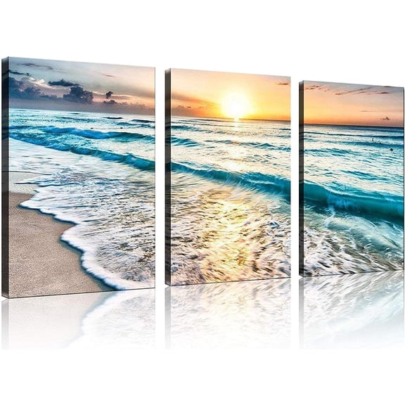 3 Panel Canvas Wall Art for Home Decor Blue Sea Sunset White Beach Painting The Picture Print On Canvas Seascape The Pictures for Home Decor Decoration,Ready to Hang