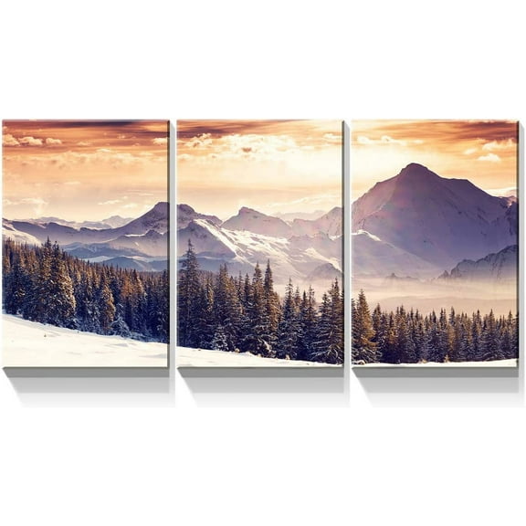 3 Panel Canvas Wall Art for Living Room Wall Decor - Landscape of Snow Covered Mountains Trees in Front - Giclee Print Gallery Wrap Modern Home Decor - 12"x16" x 3 Panels