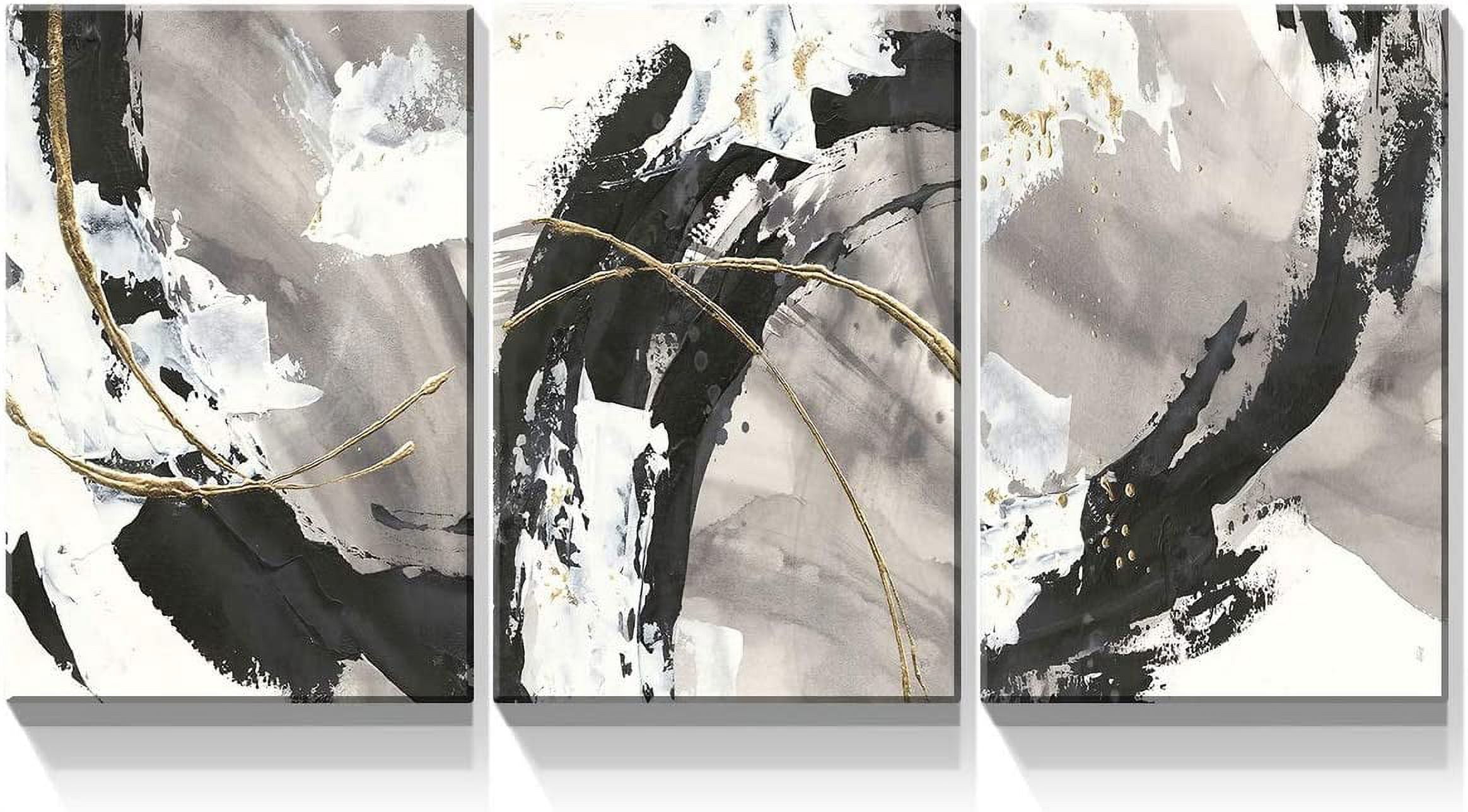 3 Panel Canvas Wall Art Prints - Black and White Abstract Painting with ...