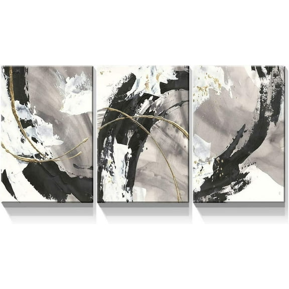 3 Panel Canvas Wall Art Prints - Black and White Abstract Painting with Gold Lines Picture On Canvas Stretched and Framed for Living Room Home Office Decor Ready to Hang- 12"x16" x 3 Panels