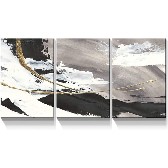 3 Panel Canvas Wall Art Prints - Black and White Abstract Painting with Gold Lines Picture On Canvas Stretched and Framed for Living Room Home Office Decor Ready to Hang- 12"x16" x 3 Panels