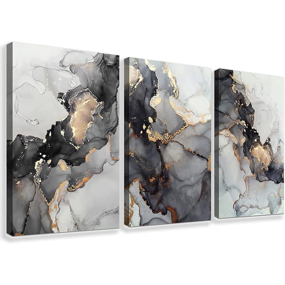 3 Panel Canvas Wall Art Prints Black and White Grey Abstract Modern Framed Gold Fluid Lines Ink Painting Marbling Picture Home Bedroom Decor Print Poster Contemporary Hanging Artwork (12X16)