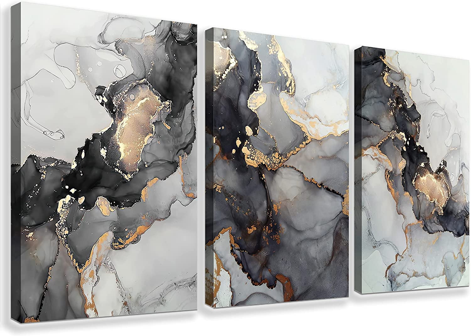 3-Piece Black, White, and Gold Abstract Canvas Wall Art