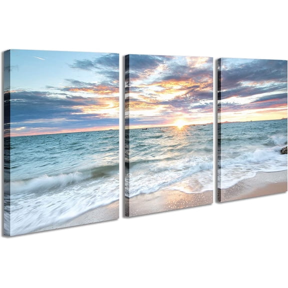 3 Panel Canvas Wall Painting Sunset Colorful Clouds Print Pictures Ocean Scenery Waves Beach Wall Art Modern and Framed Decor for Bedroom Living Room Office 12x16 inch