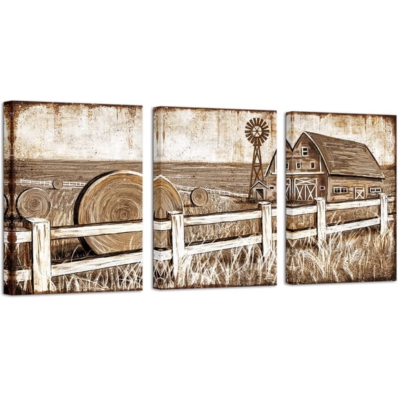 3 Panel Farmhouse Canvas Wall Art Farmhouse Painting Old Barn Pictures Living Room Bedroom Home Decor (12"x16"x3 Panels)