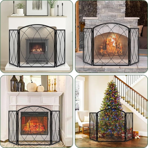 3 Panel Fireplace Screen 48" W x 29.5" H Modern Foldable with Wrought Metal Decorative Mesh,Arch Heavy Duty Fire Spark Guard Cover for Home Decor Indoor, Black