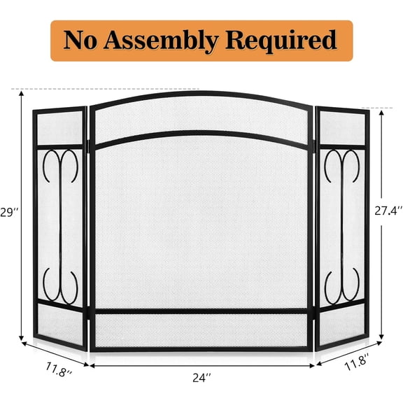 3 Panel Fireplace Screen 48" W x 29" H Modern Wrought Iron Decorative Large Fire Spark Guard Grate Heavy Duty for Living Room Home Outdoor Decor - Black