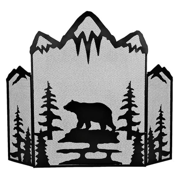 3-Panel Fireplace Screen Decorative with a Bear - Stand Alone Fireplace Cover Metal Mesh Screen - Home Decorative Firescreen for Cabin, Wildlife, and Woodland Theme
