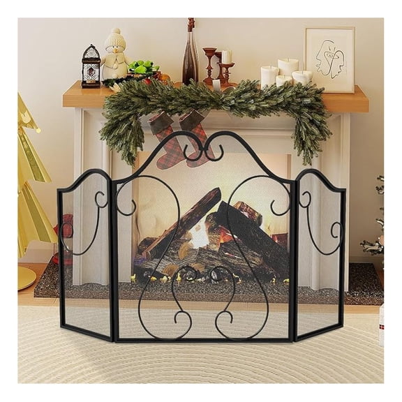 3-Panel Fireplace Screen, Foldable Fireplace Gate with Decorative Metal Mesh, Fire Guard for Wood Burners, Free-Standing Indoor Fireplace Cover, No Assembly Required