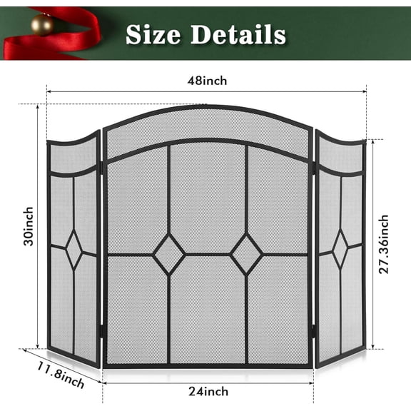 3 Panel Fireplace Screen Wrought Iron 48" W x 30" H Foldable Heavy Duty Fire Spark Guard Cover with Metal Decorative Mesh for Living Room, Home Decor Indoor, Black