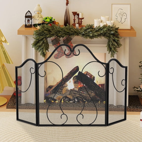 3-Panel Fireplace Screen with Scroll Pattern Design, Foldable Metal Mesh