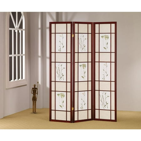 3 Panel Floral Shoji Screen, Rosewood Frame Room Divider
